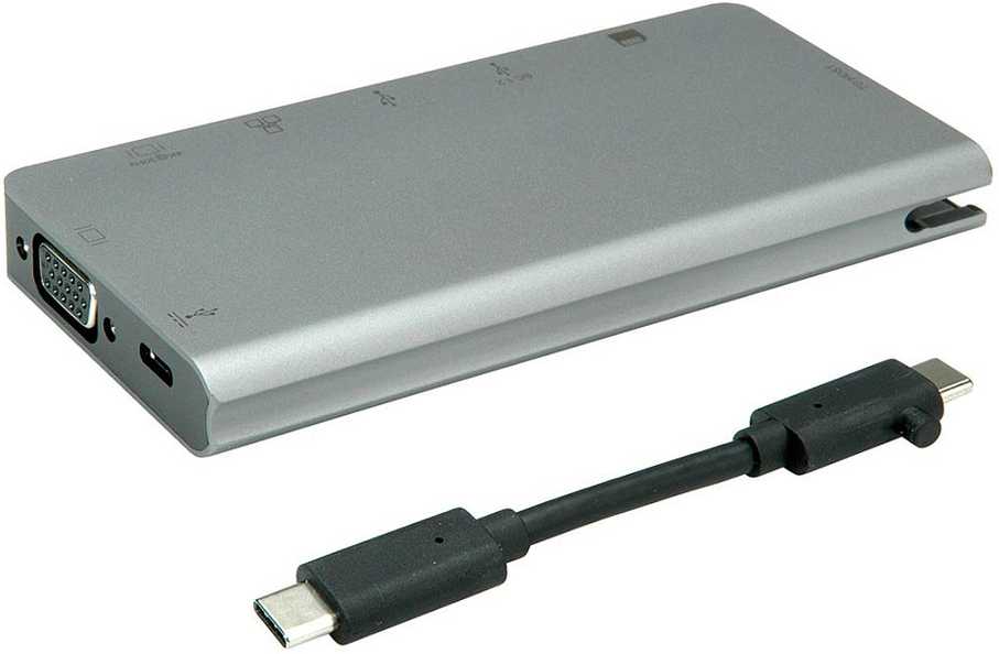 HUB USB Roline Doko stotelė USB typu C, HDMI 4K, VGA, 2x USB 3.2 Gen 1, LAN, PD, czytnik kart