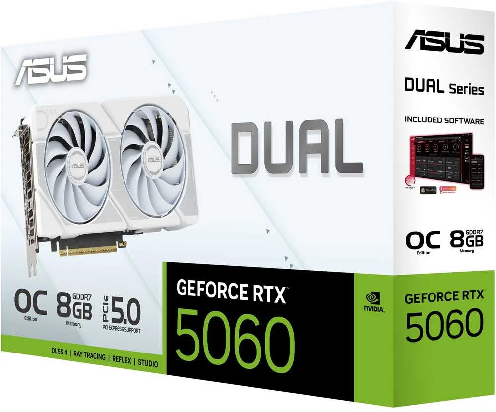 Vaizdo plokštė ASUS Dual GeForce RTX 5060 Baltas OC leidimas, 8192 MB GDDR7