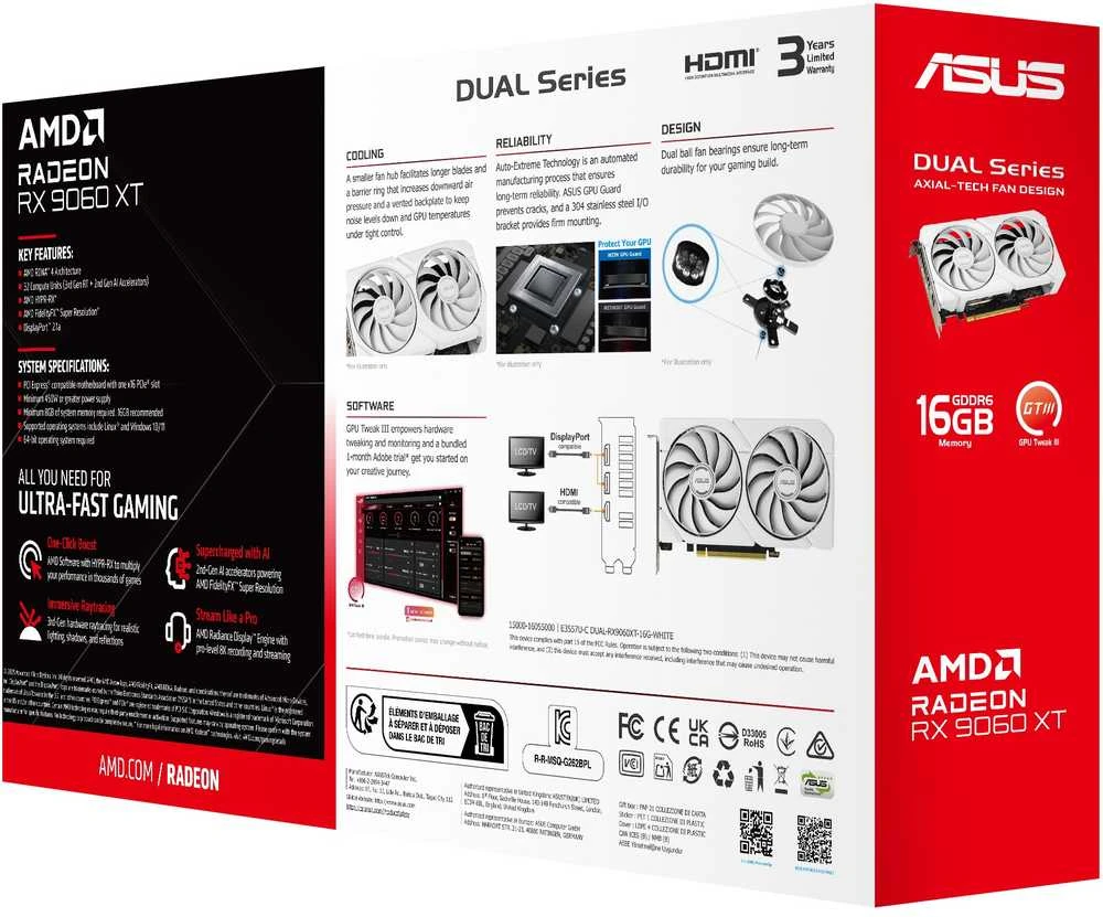 Vaizdo plokštė ASUS Dual Radeon RX 9060 XT Baltas Edition, 16384 MB GDDR6