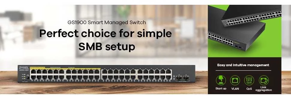 Šakotuvas ZYXEL GS1900-48 V2, 48-PORT GBE L2 SMART SWITCH, RACKMOUNT (5Y WARRANTY)