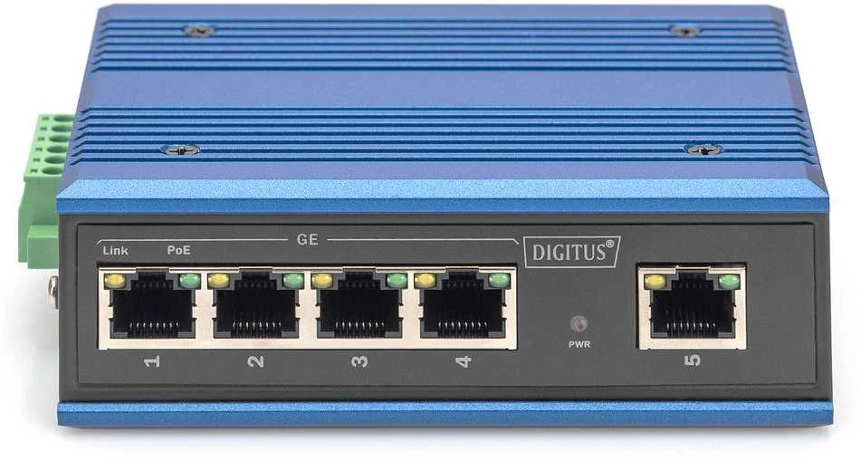 Šakotuvas Digitus INDUSTRIAL 4-PORT GIGABITPOESW - 1XUPLINK DIN RAIL EXT.TEMP RANGE