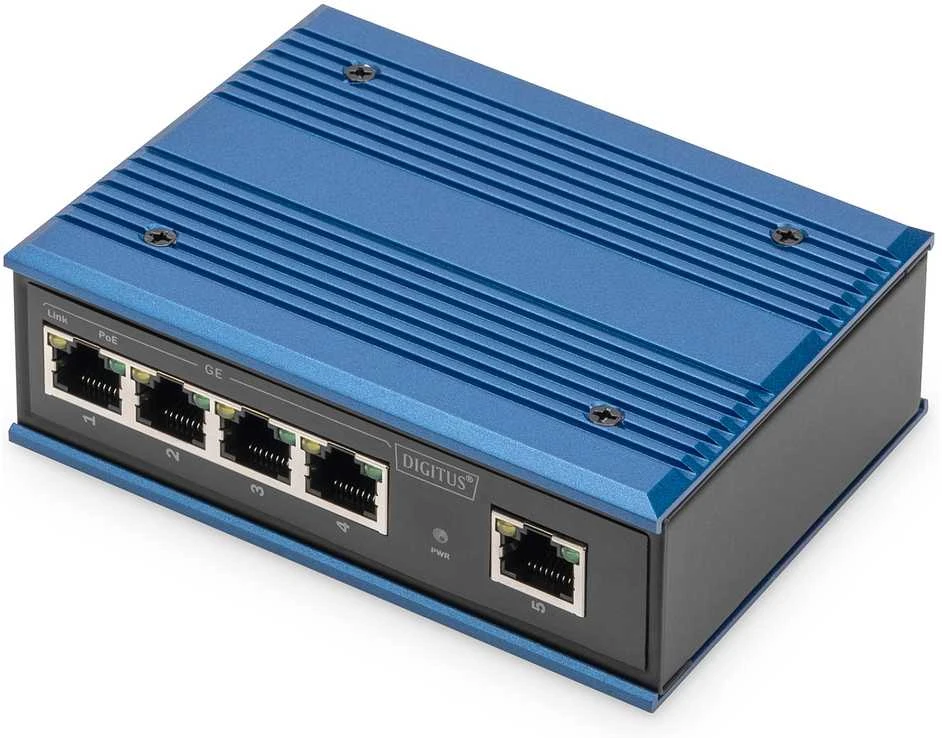 Šakotuvas Digitus INDUSTRIAL 4-PORT GIGABITPOESW - 1XUPLINK DIN RAIL EXT.TEMP RANGE