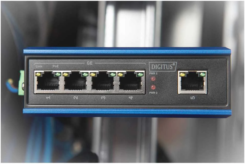 Šakotuvas Digitus INDUSTRIAL 4-PORT GIGABITPOESW - 1XUPLINK DIN RAIL EXT.TEMP RANGE