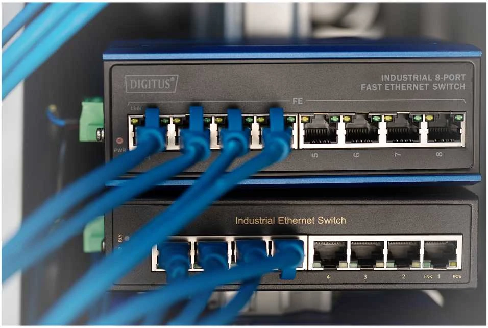 Šakotuvas Digitus INDUSTRIAL 8-PORT 10/100POE SW - DIN RAIL EXTENDED TEMP RANGE