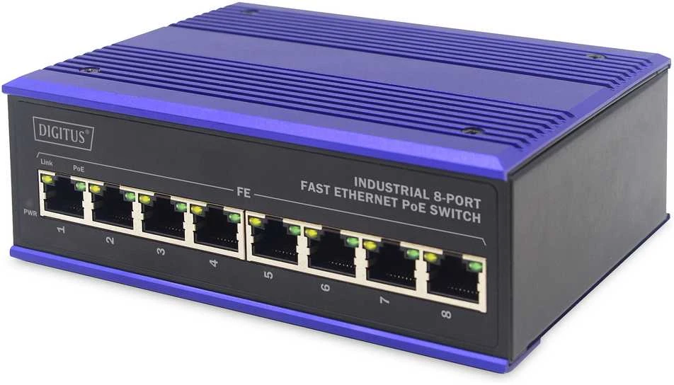 Šakotuvas Digitus INDUSTRIAL 8-PORT 10/100POE SW - DIN RAIL EXTENDED TEMP RANGE