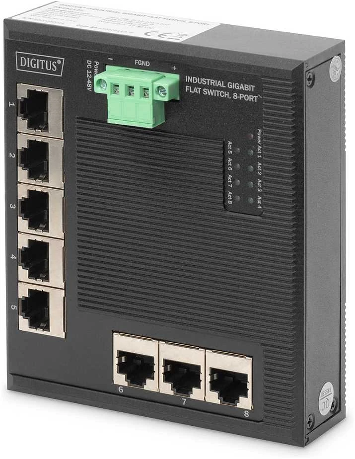 Šakotuvas Digitus INDUSTRIAL GIGABIT FLAT SWITCH - 8-PORT DIN RAIL EXT. TEMP. RANGE