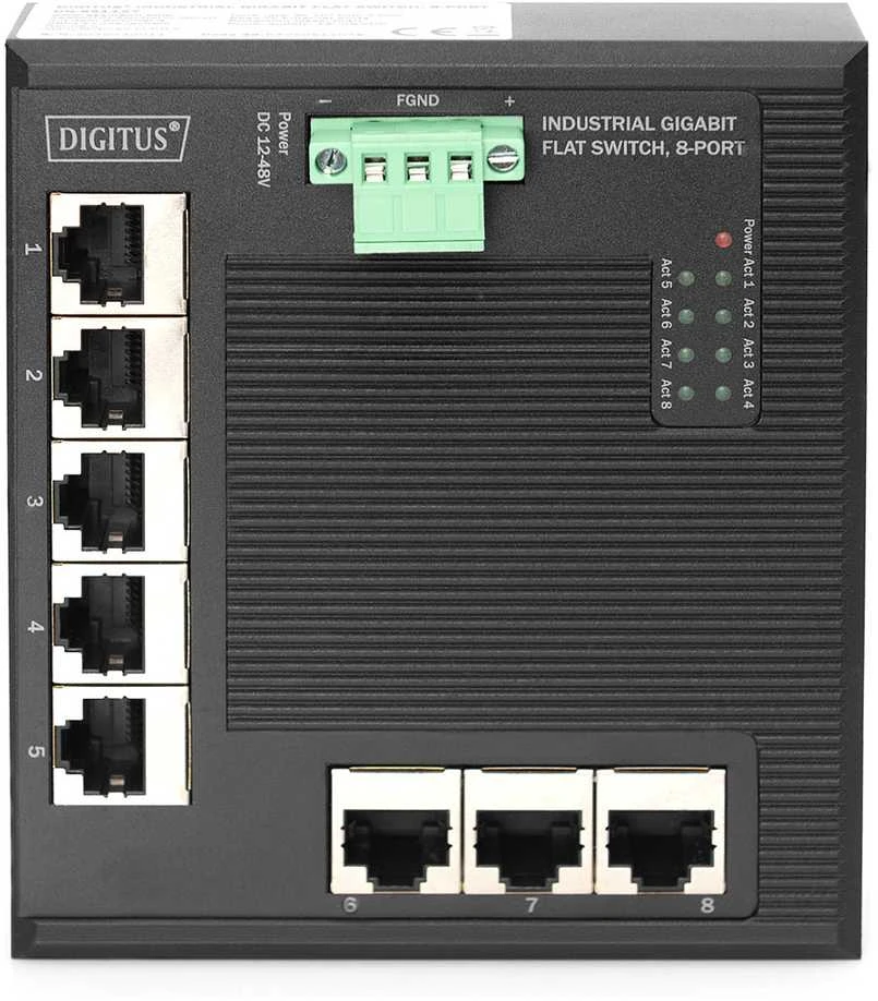 Šakotuvas Digitus INDUSTRIAL GIGABIT FLAT SWITCH - 8-PORT DIN RAIL EXT. TEMP. RANGE
