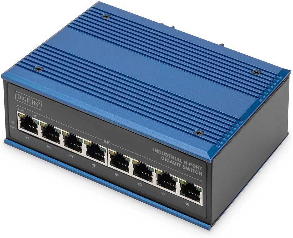 Šakotuvas DIGITUS Switch Ind. 8-Port Gigabit 30W PoE Nevaldoma mėlyna
