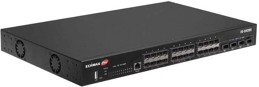 Šakotuvas „Edimax“ 28 prievadų gigabito SFP L2+ valdomas komutatorius su 4 10GbE SFP+ prievadais