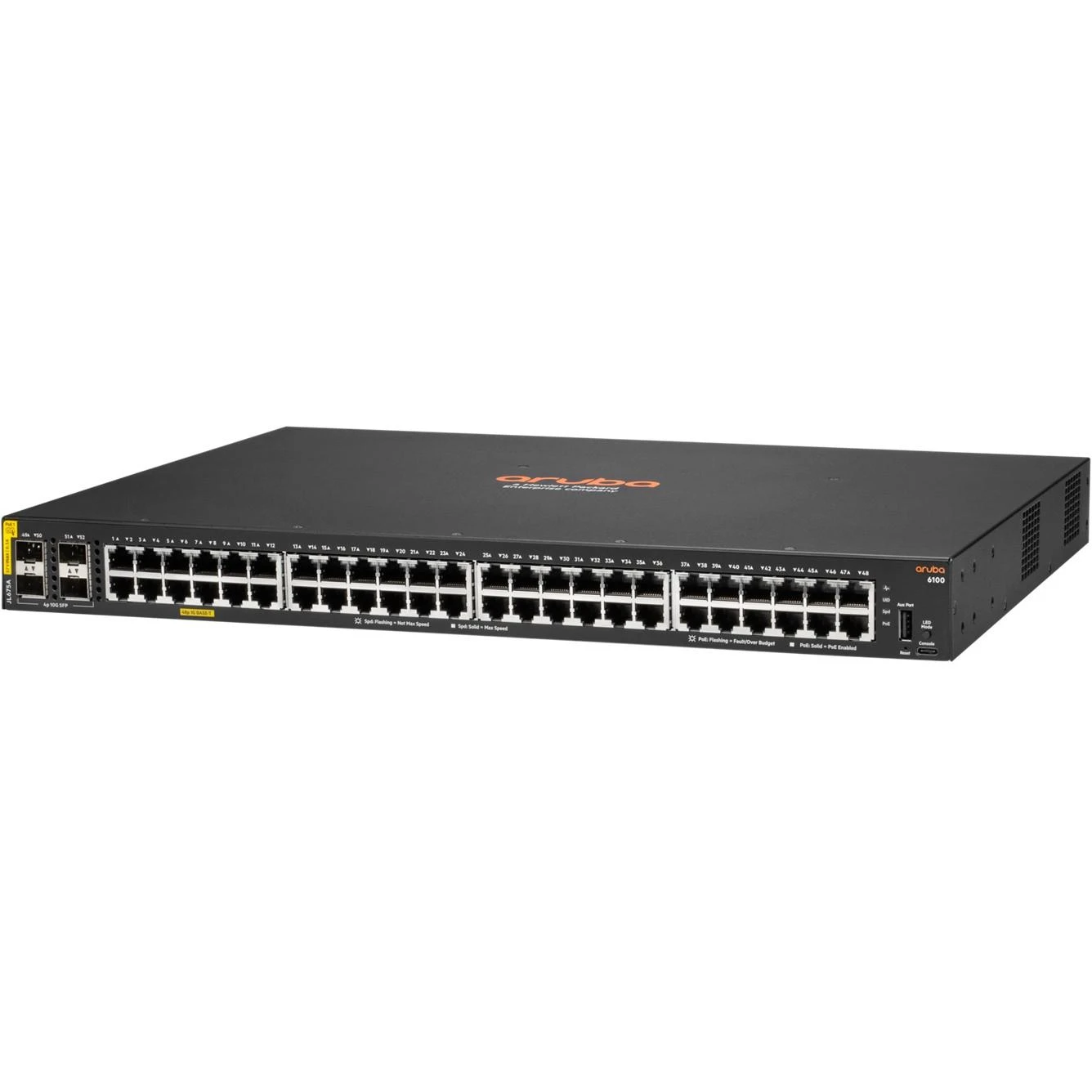 Šakotuvas Hewlett Packard (HP) HPE Aruba Networking CX 6100 48G Class4 PoE 4SFP+ 370W Switch Valdomas L3 Gigabit Ethernet (10/100/1000) Maitinimas per Eternetą (PoE) 1U Juoda