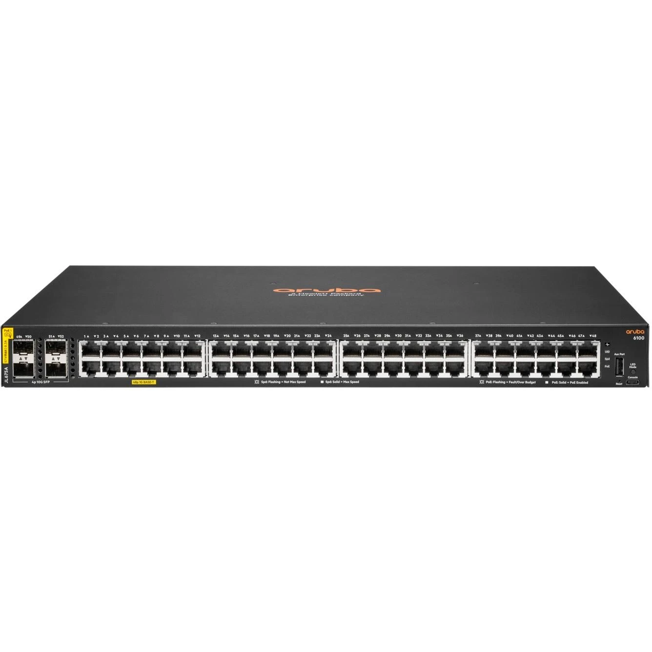 Šakotuvas Hewlett Packard (HP) HPE Aruba Networking CX 6100 48G Class4 PoE 4SFP+ 370W Switch Valdomas L3 Gigabit Ethernet (10/100/1000) Maitinimas per Eternetą (PoE) 1U Juoda
