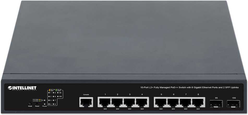 Šakotuvas Switch Intellinet 10-Port L2+ Managed PoE++ Switch 8x Gbit 2x SFP (562003)