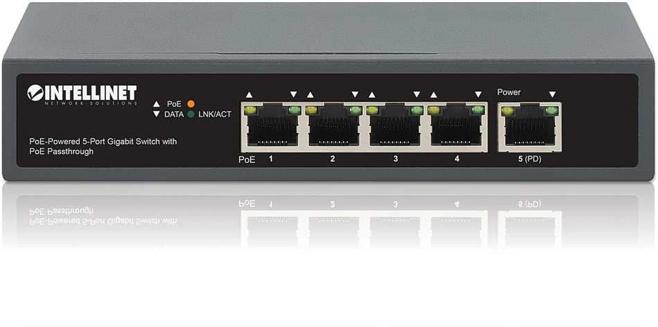 Šakotuvas Intracom INTELLINET PoE maitinamas 5 prievadų gigabitų jungiklis su PoE perėjimu Vienas PoE++/4PPoE PD PoE prievadas su 95 W Keturi PSE PoE jungtys iki 65 W