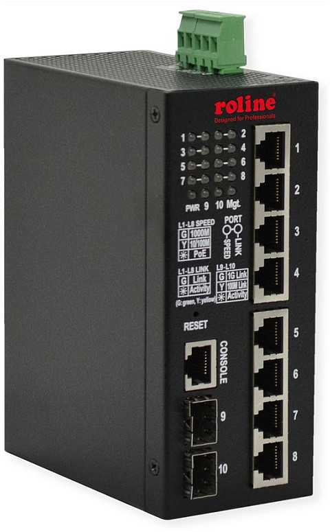Šakotuvas Switch Roline 10-portowy gigabitowy (8x RJ45+2x SFP) Layer2 PoE+ Smart Managed, 240W (21.13.1131)