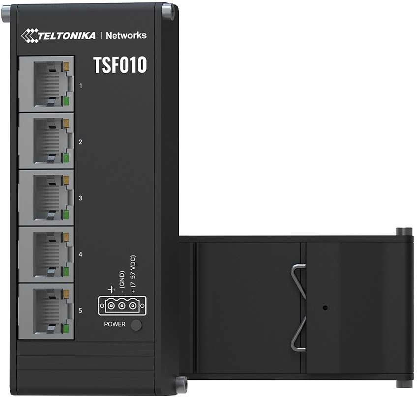 Šakotuvas Teltonika | Pramoninis komutatorius | TSF010 | Nevaldomas | Montuojamas ant DIN bėgelio | 10/100 Mbps (RJ-45) jungtys kiekis: 5 | Maitinimo šaltinio tipas: 3 kontaktų pramoninis nuolatinės srovės maitinimo lizdas