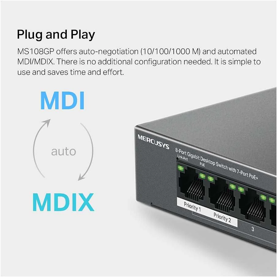 Šakotuvas Mercusys 8-port Gigabit Desktop Switch su 7-Port PoE+ | Mercusys