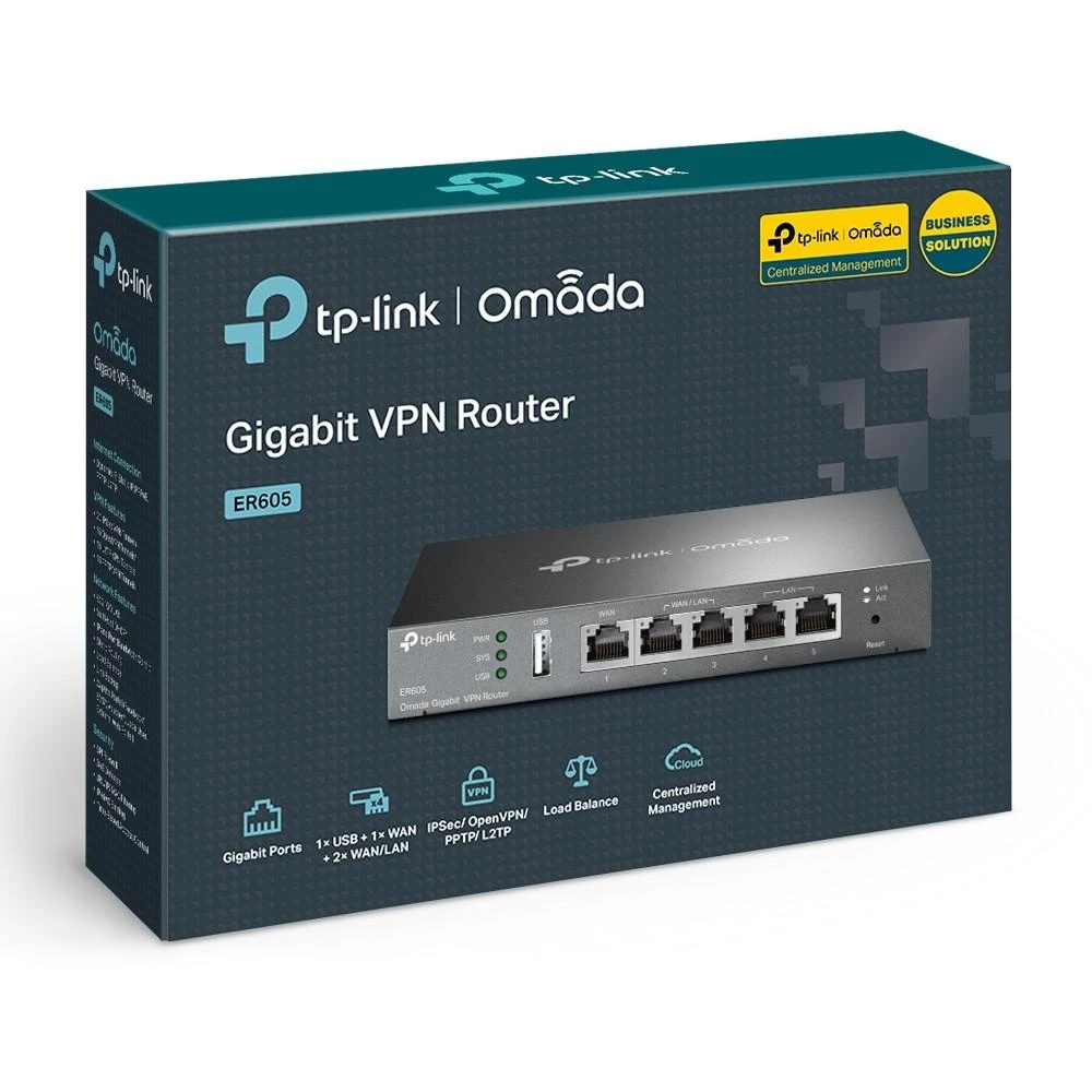 Šakotuvas TP-LINK | „SafeStream Multi-WAN VPN“ maršrutizatorius | TL-ER605 | 802.1q | 10/100/1000 Mbit/s | Ethernet LAN (RJ-45) jungtys 1 fiksuotas gigabito LAN prievadas | Tinklo ryšio palaikymas: Ne | MU-MiMO: Ne | Nėra mobiliojo plačiajuosčio ryšio
