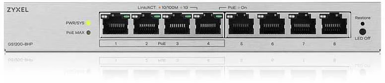Šakotuvas „Zyxel GS1200-8HPV3“ valdomas L2 gigabito Ethernet (10/100/1000) maitinimas per Ethernet (PoE) darbalaukio pilkas