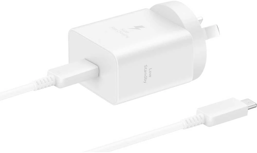 112803 Samsung T4511 PD 45W laidinis įkroviklis su USB-C/USB-C 5A kabeliu baltos spalvos