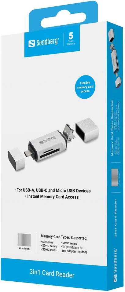Sandberg kortelių skaitytuvas USB-C+USB+MicroUSB