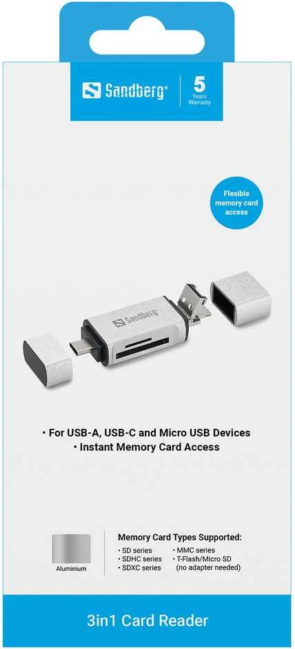 Sandberg kortelių skaitytuvas USB-C+USB+MicroUSB
