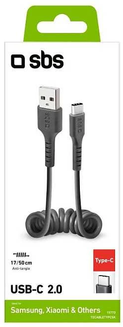 USB 2.0 kabelis > C tipo SBS 0,5 m spiralė, juoda