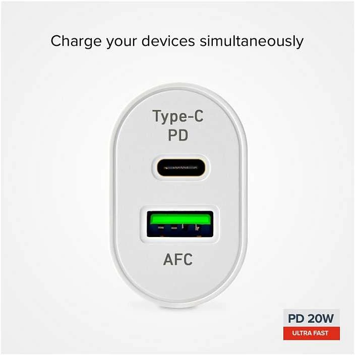 SBS TETRPD20W 20W USB-A USB-C sieninis įkroviklis su maitinimo tiekimu – baltas