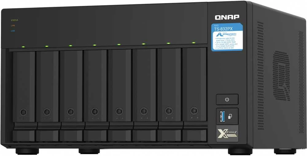 Qnap Systems QNAP TS-832PX-4G 8 skyrių NAS serveris AL324 1.7GHz keturių branduolių 4GB DDR4 SODIMM maks. 16GB 2x10GbE SFP+ LAN + 2x2.5GbE