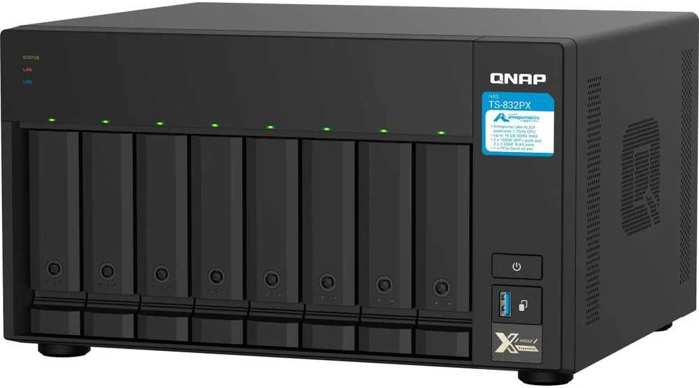 Qnap Systems QNAP TS-832PX-4G 8 skyrių NAS serveris AL324 1.7GHz keturių branduolių 4GB DDR4 SODIMM maks. 16GB 2x10GbE SFP+ LAN + 2x2.5GbE