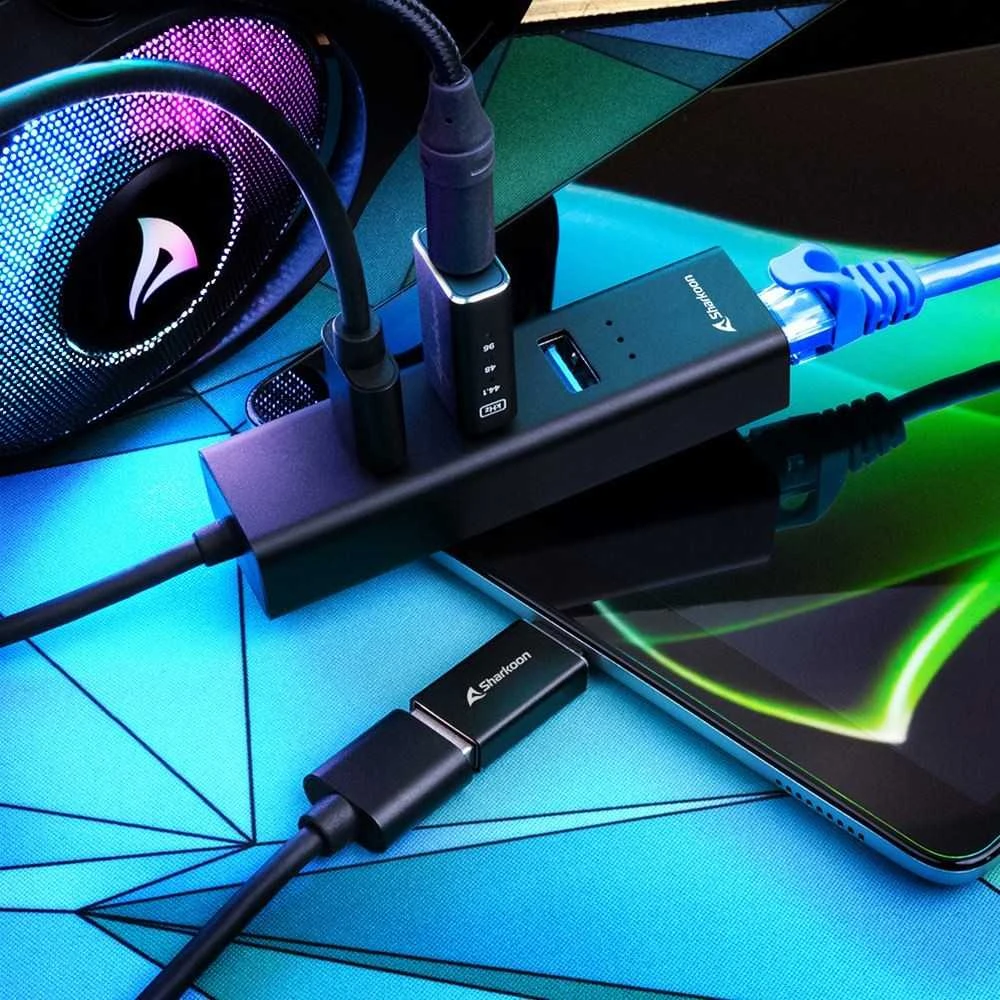 Sharkoon HUB 3X USB 3.2 +RJ45 ALU Juodas/3-PORT USB 3.2 GEN 1.