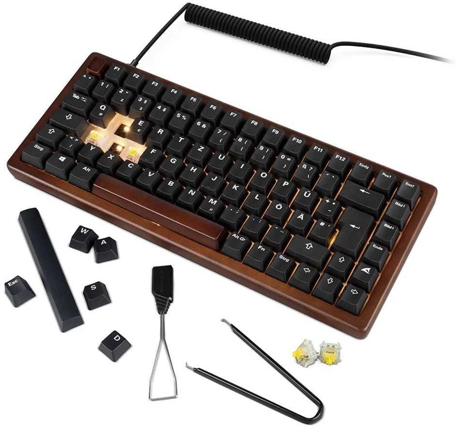 Sharkoon SKILLER SGK50 S3 Wood PBT, Gaming-klaviatūra - holz/juodas, DE-išdėstymas, Gateron G Pro 3.0 Geltona