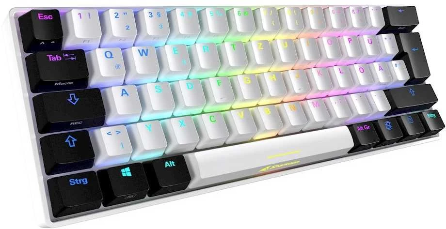 Sharkoon SKILLER SGK50 S4 žaidimų klaviatūra su raudonais jungikliais - 60% išdėstymas, raudoni hot-swap jungikliai, RGB apšvietimas, QWERTZ išdėstymas, baltas-juodas