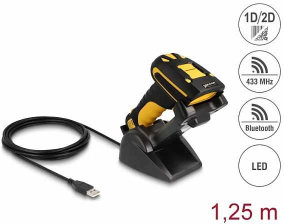 Skeneris „Delock“ pramoninis brūkšninių kodų skaitytuvas 1D ir 2D iki 433 MHz arba „Bluetooth“ su indukcine įkrovimo stotele