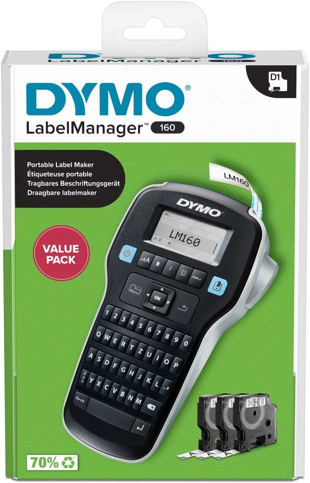 Etikečių spausdintuvas Dymo DYMO LabelManager 160 Starter Set m. 3 D1-Bänder 12mm Qwertz