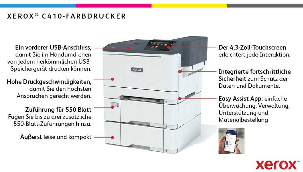 Spausdintuvas „Xerox C410“ A4, 40 psl./min., dvipusis spausdinimas, spausdinimas PS3, PCL5e/6, 2 dėklai, 251 lapas