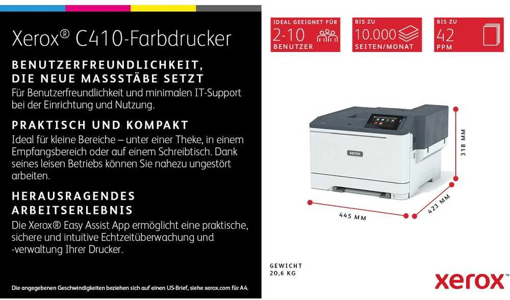 Spausdintuvas „Xerox C410“ A4, 40 psl./min., dvipusis spausdinimas, spausdinimas PS3, PCL5e/6, 2 dėklai, 251 lapas