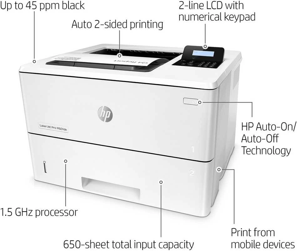 Hewlett Packard (HP) HP LaserJet Pro M501dn Spausdintuvas - A4 Mono lazerinis, Spausdinimas, Automatinis dokumentų tiektuvas, Auto-Duplex, LAN, 43ppm, 1500-6000 puslapių per mėnesį (pakeičia P3015dn)