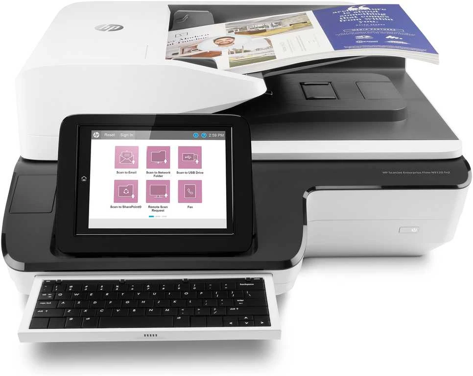 Skeneris Hewlett Packard (HP) „HP ScanJet Enterprise Flow N9120 fn2“ skaitytuvas / dokumentų darbo stotis – A3 spalvinis 600 dpi, plokščiasis / lapų tiektuvas, automatinis dokumentų tiektuvas, automatinis dvipusis skenavimas, OCR / nuskaitymas į tekstą, 120 psl./min., 20 000 puslapių per dieną