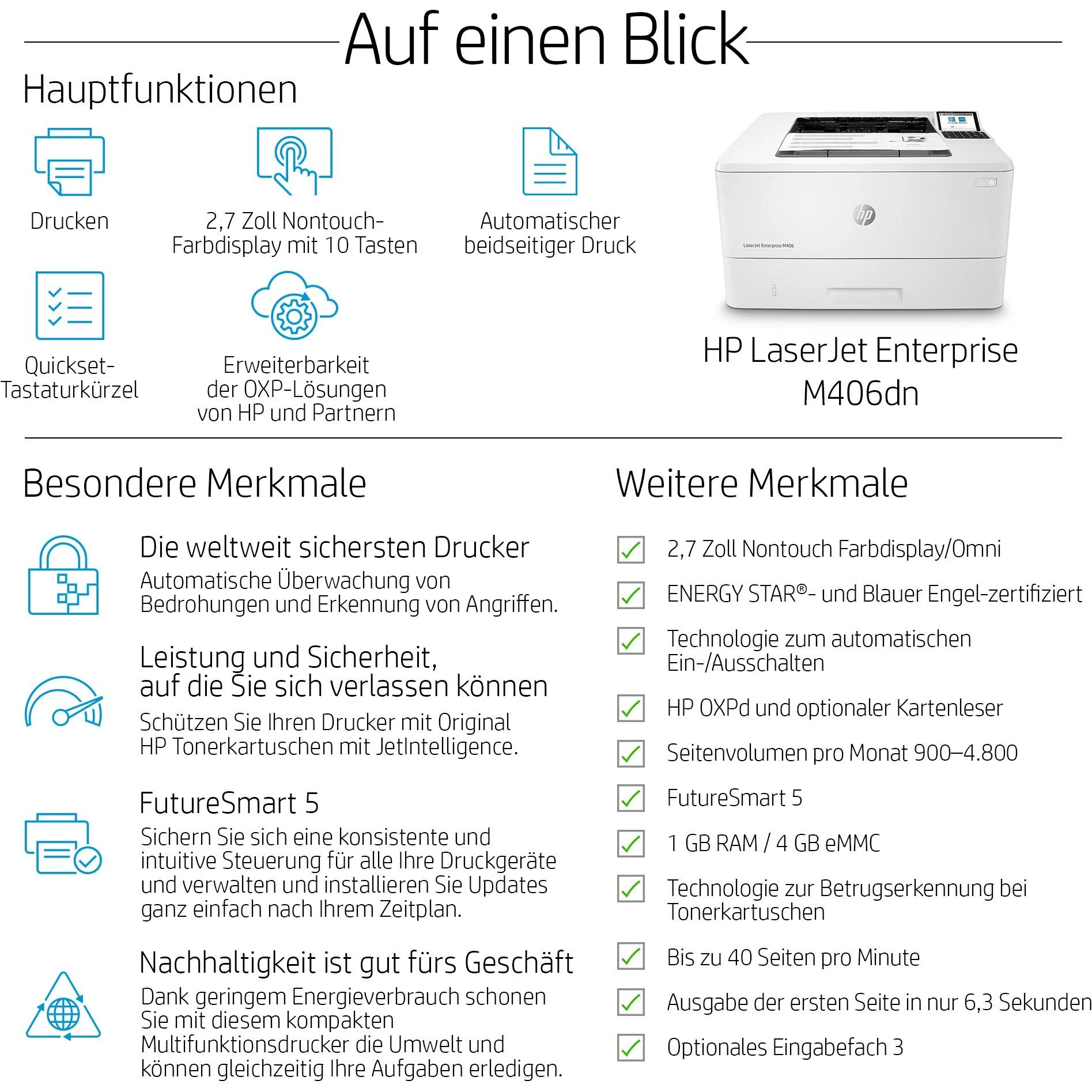 Hewlett Packard (HP) HP LaserJet Enterprise M406dn Spausdintuvas - A4 Mono lazerinis, Print, Auto-Duplex, LAN, 38ppm, 900-4800 pages per month