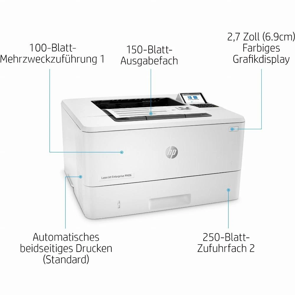 Hewlett Packard (HP) HP LaserJet Enterprise M406dn Spausdintuvas - A4 Mono lazerinis, Print, Auto-Duplex, LAN, 38ppm, 900-4800 pages per month