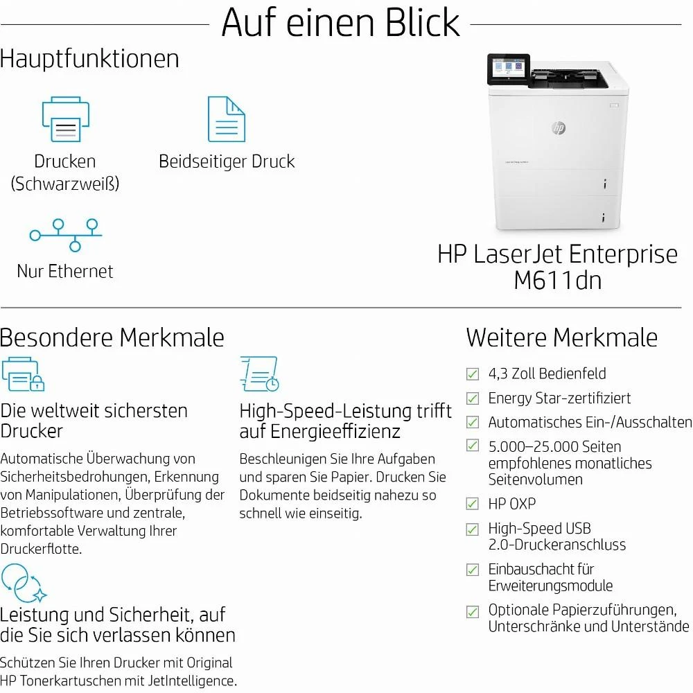 Hewlett Packard (HP) HP LaserJet Enterprise M611dn Spausdintuvas Mono Duplex lazerinis A4 1200x1200dpi 61 psl./min. 650 lapų USB LAN