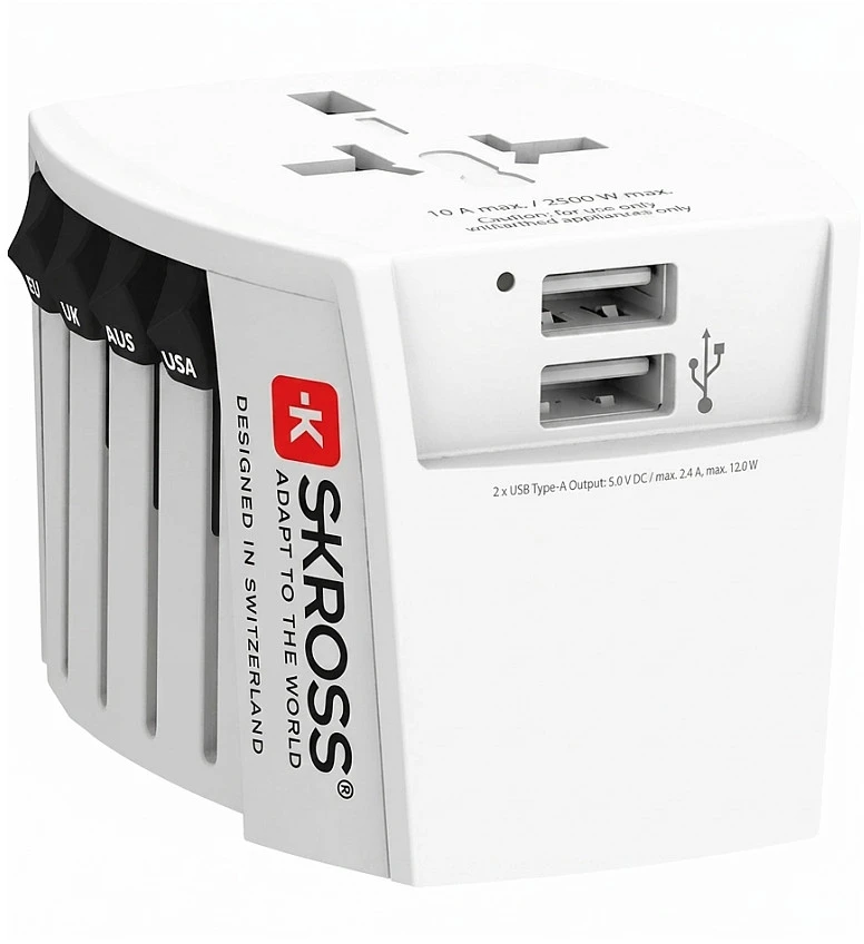 Kelioninis tinklo adapteris 230V 2.5A, 2x USB MUV kištukai AU/CN/UK/US/IT - lizdai EU/AU/UK/US (be įžeminimo) SKROSS