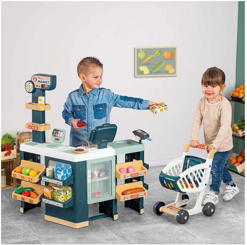 Smoby Prekių Prikrovimo Vežimėlis su Elektronine Kasa, Skaneriu, Svarstyklių ir Šaldytuvu