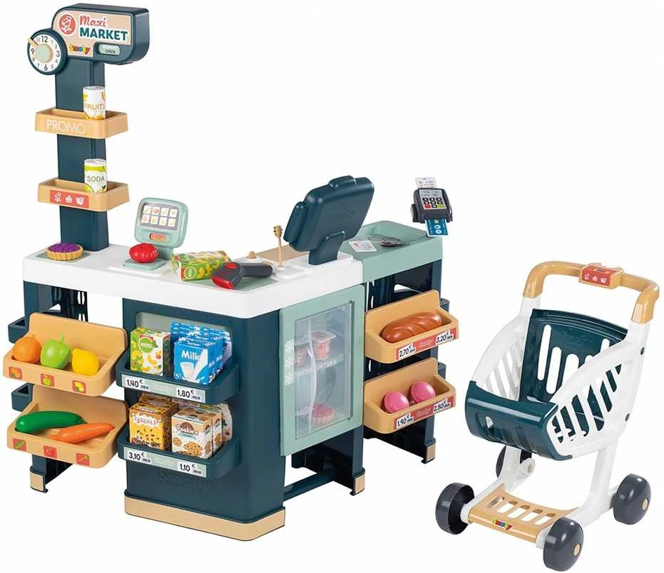 Smoby Prekių Prikrovimo Vežimėlis su Elektronine Kasa, Skaneriu, Svarstyklių ir Šaldytuvu