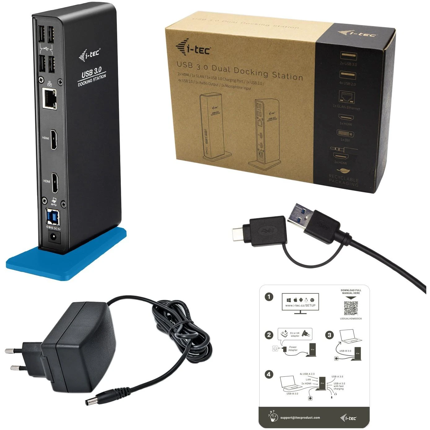I-TEC USB 3.0 / USB-C dviguba HDMI prijungimo stotis 2x HDMI 1x GLAN 2x USB 3.0 4x USB 2.0 1x garsas 1x mikrofonas