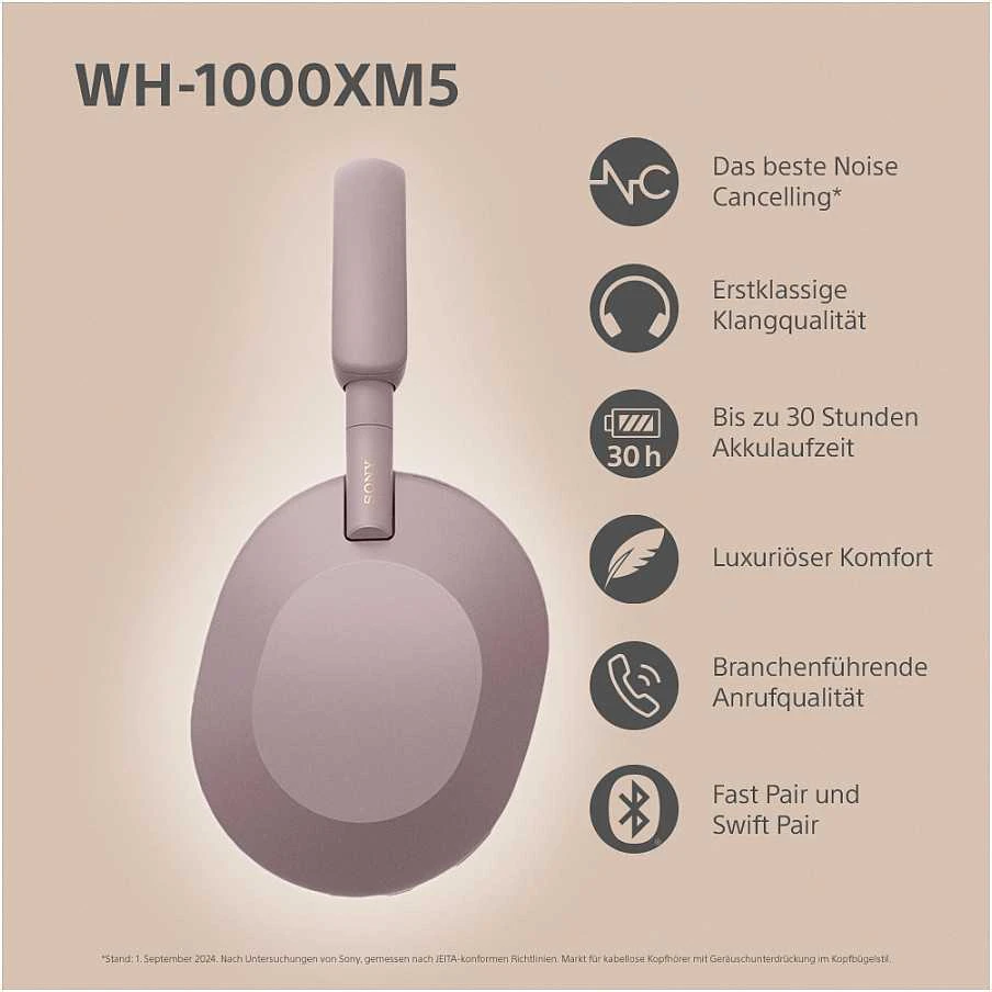Belaidės ausinės Sony WH-1000XM5 su triukšmo slopinimo technologija, Rožinės
