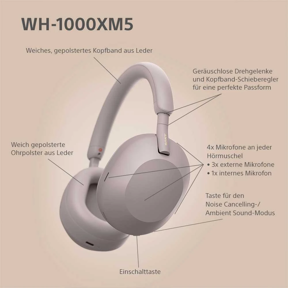 Belaidės ausinės Sony WH-1000XM5 su triukšmo slopinimo technologija, Rožinės