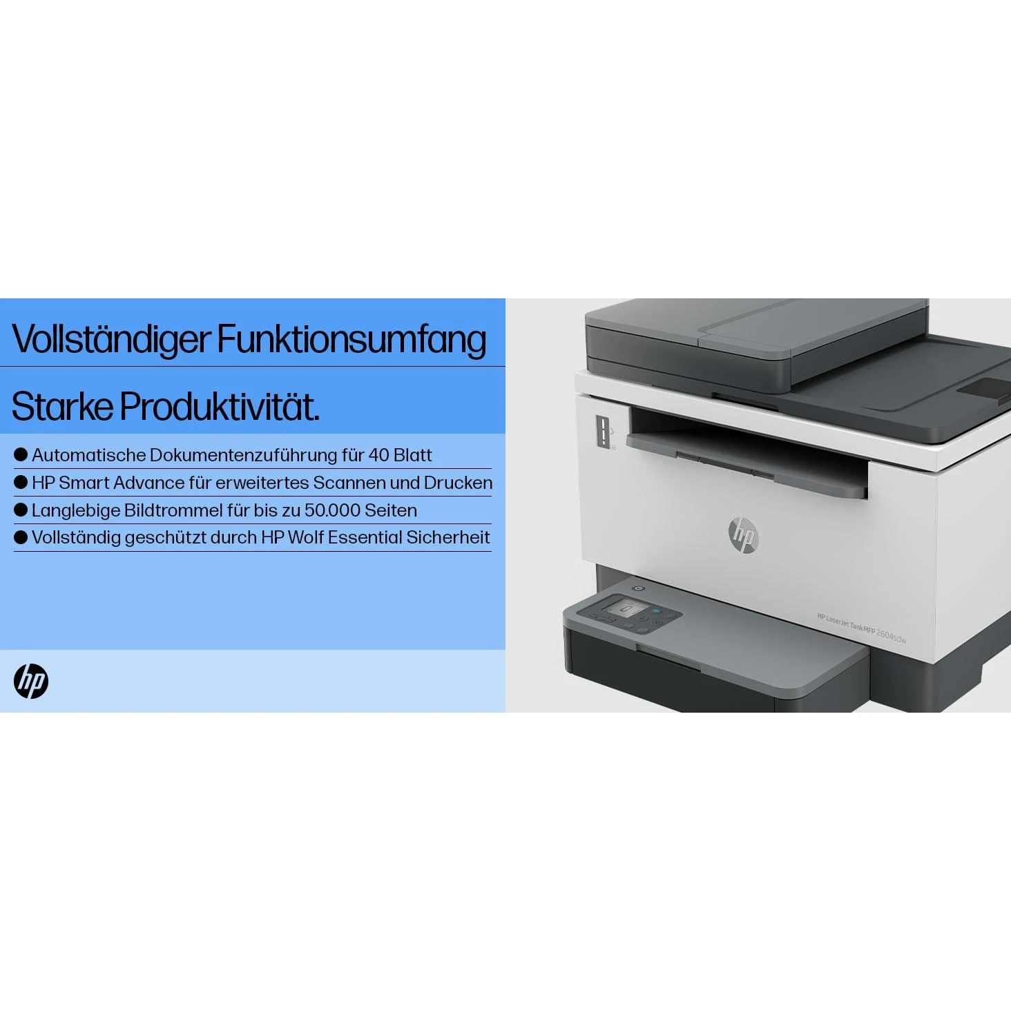Hewlett Packard (HP) HP LaserJet Tank 2604sdw AIO All-in-One Spausdintuvas - A4 Mono lazerinis, Spausdinti/Kopijuoti/Dual-Side Scan, Automatinis dokumentų tiektuvas, Auto-Duplex, LAN, Wifi, 22ppm, 250-2500 puslapių per mėnesį (pakeičia Neverstop)