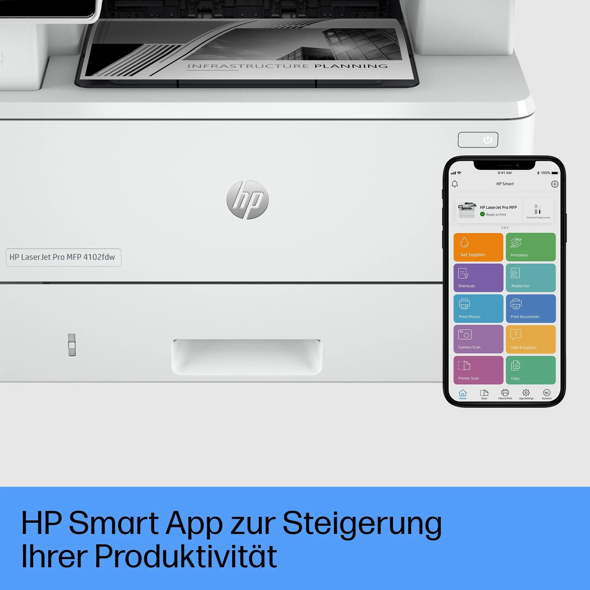 Spausdintuvas Hewlett Packard (HP) HP LaserJet Pro MFP 4102fdw MFP Mono lazerinis A4 38 psl./min. Kopijavimas 40 psl./min. Spausdinimas 350 lapų LAN „Wi-Fi“ USB „Bluetooth“ USB