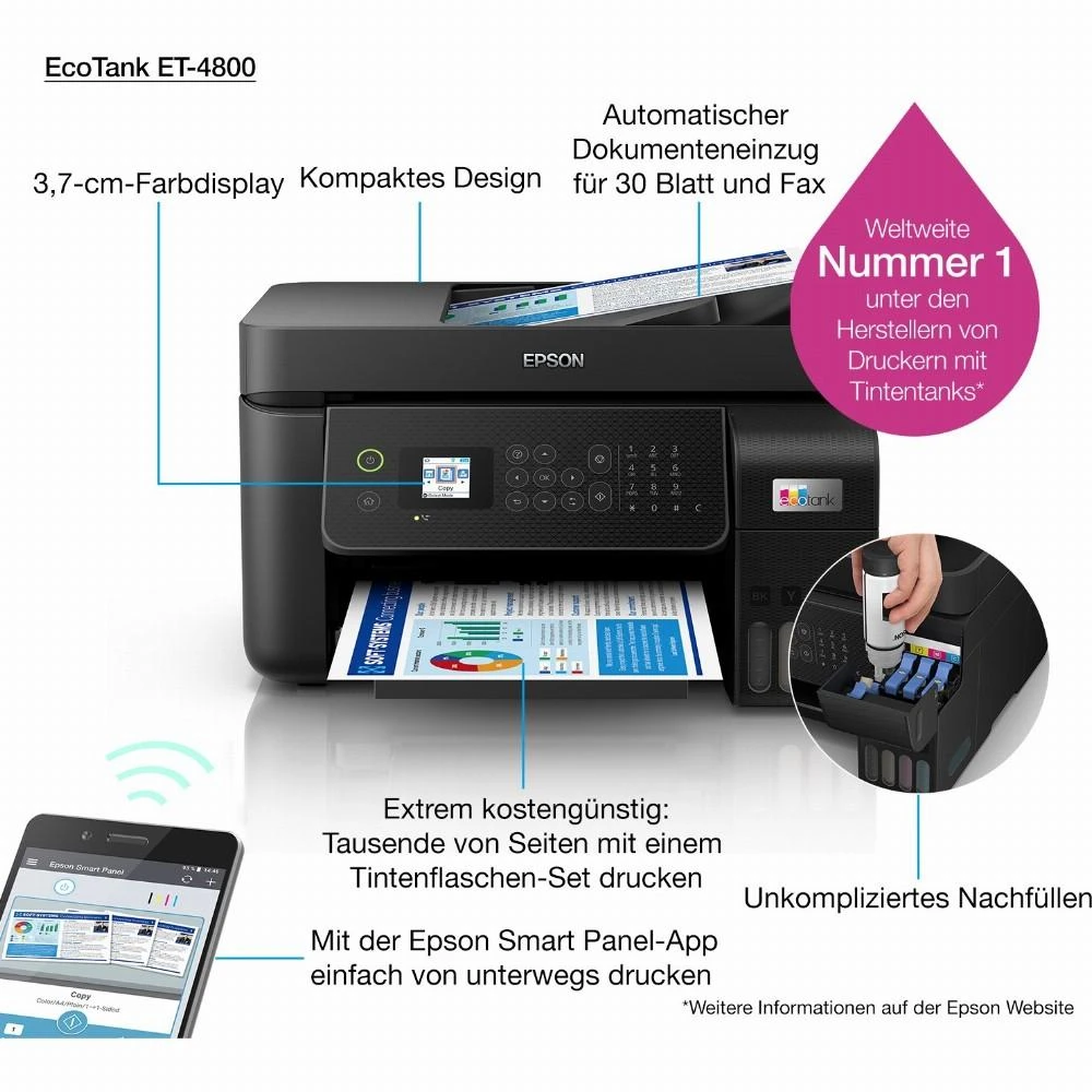 Spausdintuvas Epson EcoTank ET-4800 ET4800 Multifunktionsdrucker spalvotas Tintenstrahl nachfüllbar (C11CJ65402)